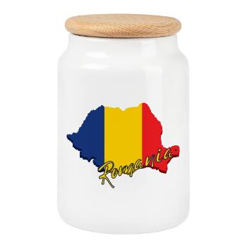 I love Romania, made in Romania - Cookie Jar with Wooden Lid - white - Front
