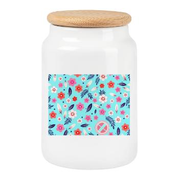 Floral pattern with surfboards on sky blue - Cookie Jar with Wooden Lid - white - Front