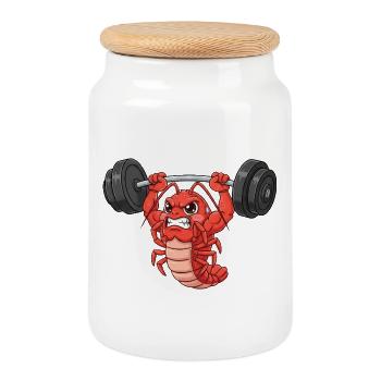 Lobster Workout Dumbbell Weightlifting Fitness Cartoon - Cookie Jar with Wooden Lid - white - Front