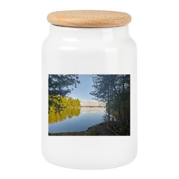 Reflection from the shore, the peace of nature - Cookie Jar with Wooden Lid - white - Front