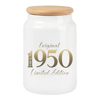 75th Birthday Original October Vintage 1950 - Cookie Jar with Wooden Lid - white - Front