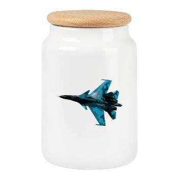Avion de chasse camouflage bleu - Boîte à biscuits avec couvercle en bois - blanc - Devant