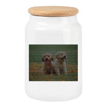 Two Labrador Retriever puppies with triangle pattern - Cookie Jar with Wooden Lid - white - Front