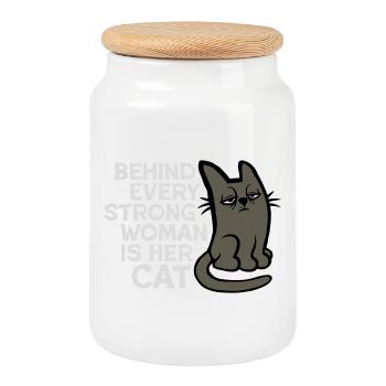 Cat Behind Every Strong Woman Annoyed Grumpy - Cookie Jar with Wooden Lid - white - Front