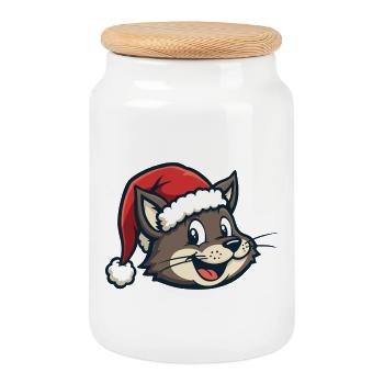 Chat au chapeau de Père Noël - Boîte à biscuits avec couvercle en bois - blanc - Devant