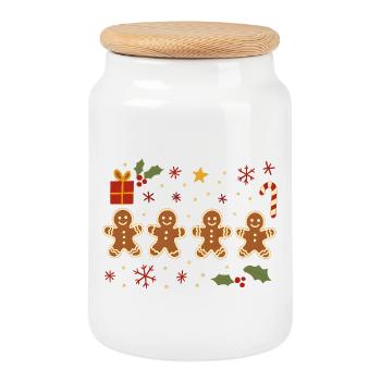 Gingerbread Holiday Cheer, Xmas  - Cookie Jar with Wooden Lid - white - Front