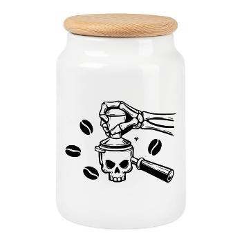 Café jusqu’à la mort : conception du crâne de barista - Boîte à biscuits avec couvercle en bois - blanc - Devant