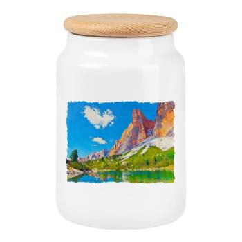 Lake in the Dolomites with paint effect - Cookie Jar with Wooden Lid - white - Front