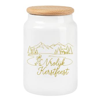 Paysage hivernal de Noël de Vrolijk Kerstfeest - Boîte à biscuits avec couvercle en bois - blanc - Devant