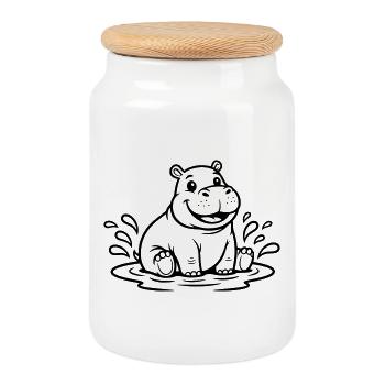 Bébé hippopotame mignon dans Water Comic Vector - Boîte à biscuits avec couvercle en bois - blanc - Devant