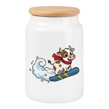 Snowboard Cow Cartoon Funny Winter Cow - Cookie Jar with Wooden Lid - white - Front