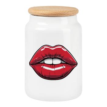 Lèvres embrassables Style bande dessinée rouge à lèvres - Boîte à biscuits avec couvercle en bois - blanc - Devant