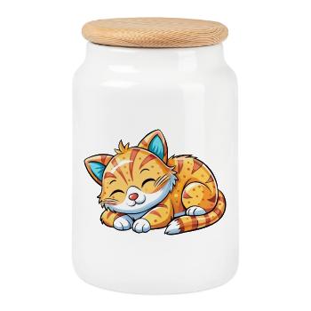 Schlafende Katze - Keksdose mit Holzdeckel - Weiß - Vorne