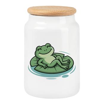 Grenouille froide sur un coussin feuille - Boîte à biscuits avec couvercle en bois - blanc - Devant