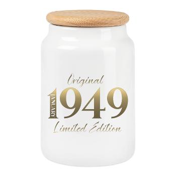 77th Birthday Original January Born 1949 - Cookie Jar with Wooden Lid - white - Front