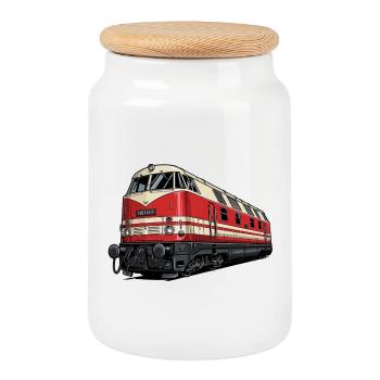 Red Vintage Locomotive Illustration BR 118 - Cookie Jar with Wooden Lid - white - Front