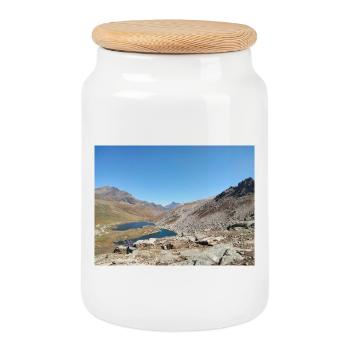 Alpine lake under clear sky - Cookie Jar with Wooden Lid - white - Front