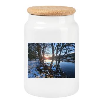 Winterfluss bei Sonnenuntergang - Keksdose mit Holzdeckel - Weiß - Vorne