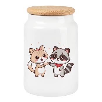 Amitié Kawaii: Chat et Raton-Laveur - Boîte à biscuits avec couvercle en bois - blanc - Devant