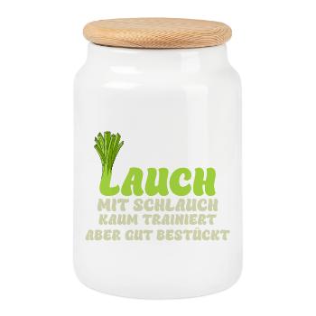 Gym LEEKS WITH HOSE HARDLY TRAINED Funny - Cookie Jar with Wooden Lid - white - Front