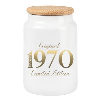 56th Birthday February 1970's Vintage Vintage - Cookie Jar with Wooden Lid - white - Front