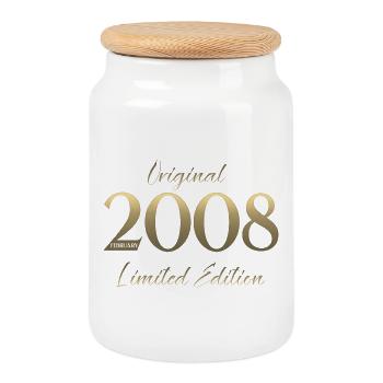 18th Birthday February 2008 Vintage Vintage - Cookie Jar with Wooden Lid - white - Front