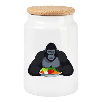 Cooler Gorilla mit Gemüseplatte Affe Motiv - Keksdose mit Holzdeckel - Weiß - Vorne