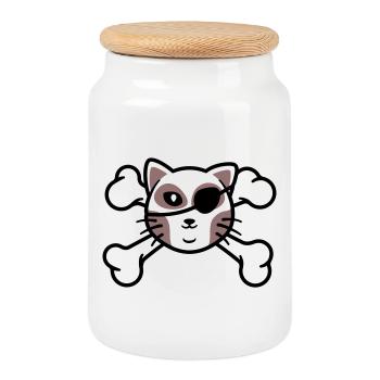 Pirate Kitten Skull Patch - Cookie Jar with Wooden Lid - white - Front