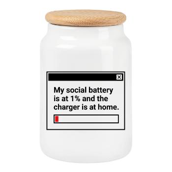 My Social Battery is at 1% - Cookie Jar with Wooden Lid - white - Front