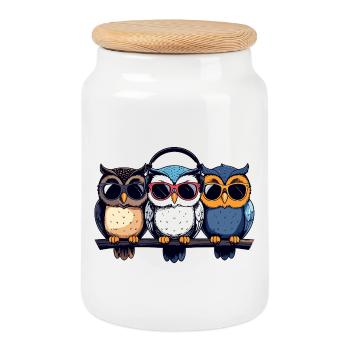 Drei coole Eulen Trio mit Sonnenbrille Kopfhörer - Keksdose mit Holzdeckel - Weiß - Vorne
