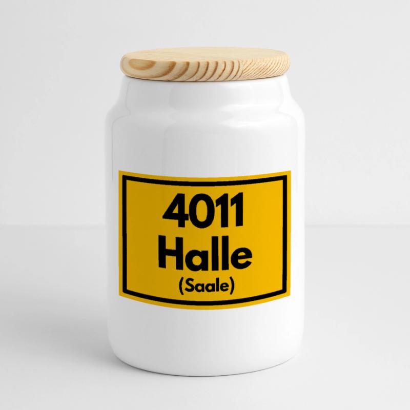 OLD POSTCODE POSTCODE RETRO 4011 HALLE (SAAALE) Cookie Jar with Wooden Lid