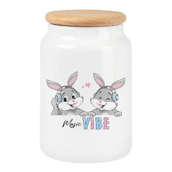 Happy_smiling_bunnies_in_headphones - Keksdose mit Holzdeckel - Weiß - Vorne