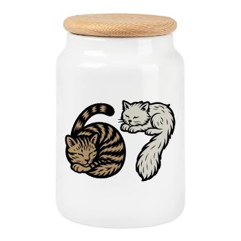 Des chats 'Six Seven' endormis - Boîte à biscuits avec couvercle en bois - blanc - Devant