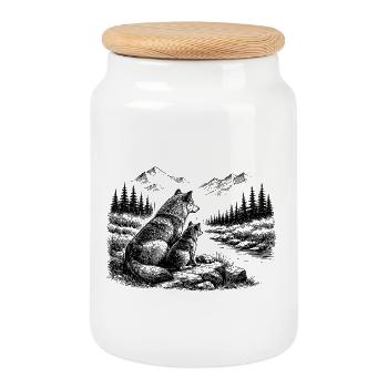 Wolf und Kind in der Natur – Berge, Wald, Fluss - Keksdose mit Holzdeckel - Weiß - Vorne