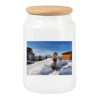 Snowboard auf sonniger Piste  - Keksdose mit Holzdeckel - Weiß - Vorne