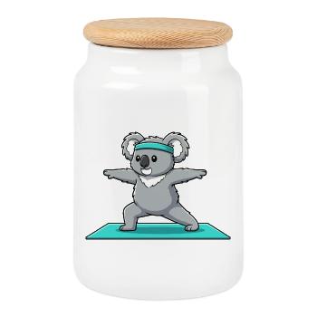 Yoga Koala Bear en posture guerrière - Boîte à biscuits avec couvercle en bois - blanc - Devant