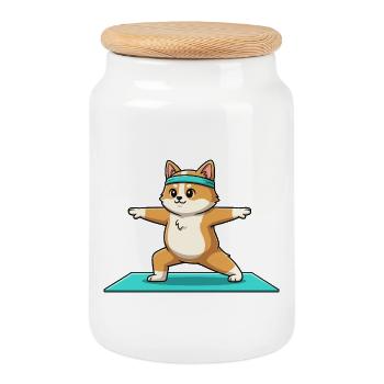 Yoga Corgi Dog Doing Warrior Pose Art - Cookie Jar with Wooden Lid - white - Front