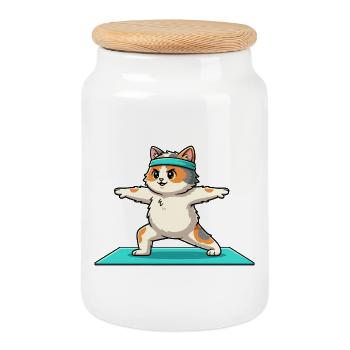 Yoga Cat Kitten Doing Warrior Pose Art - Cookie Jar with Wooden Lid - white - Front