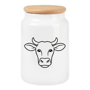 Cow Head Line Art Minimal - Cookie Jar with Wooden Lid - white - Front
