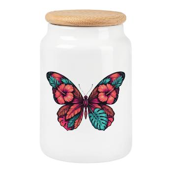 Tropical flower butterfly magic - Cookie Jar with Wooden Lid - white - Front