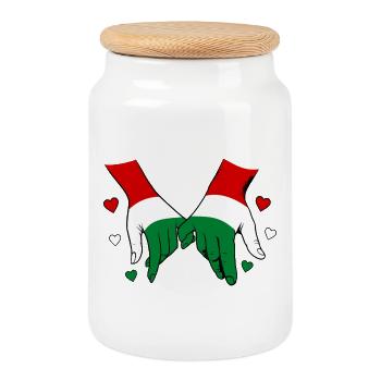 Hungary Flag Holding Hands - Cookie Jar with Wooden Lid - white - Front