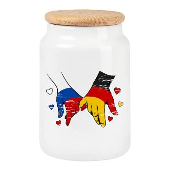 Russland Deutschland Flagge Händehalten  - Keksdose mit Holzdeckel - Weiß - Vorne