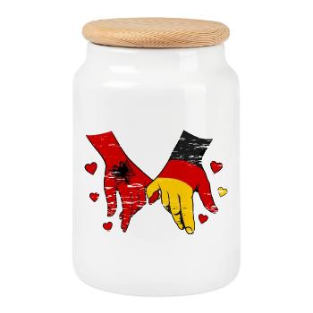 Albania Germany Flag Holding Hands used - Cookie Jar with Wooden Lid - white - Front