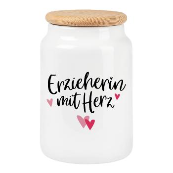 Maître de maternelle avec du cœur, maître de maternelle avec un cadeau, merci - Boîte à biscuits avec couvercle en bois - blanc - Devant