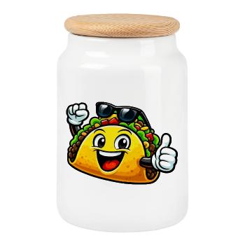 Taco joyeux avec lunettes de soleil - Boîte à biscuits avec couvercle en bois - blanc - Devant