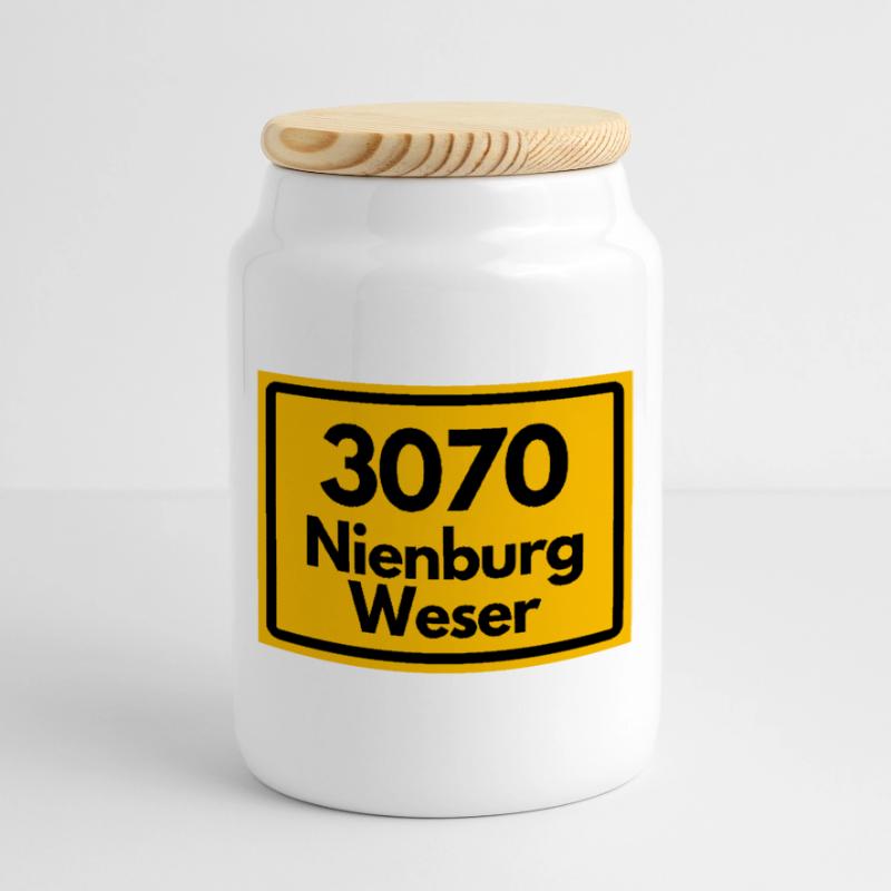 OLD POSTCODE POSTCODE RETRO 3070 NIENBURG WESER! Cookie Jar with Wooden Lid