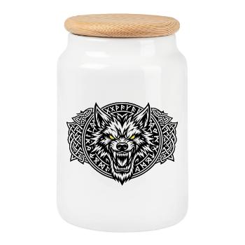Fenrir-Wolf-Wikinger - Keksdose mit Holzdeckel - Weiß - Vorne