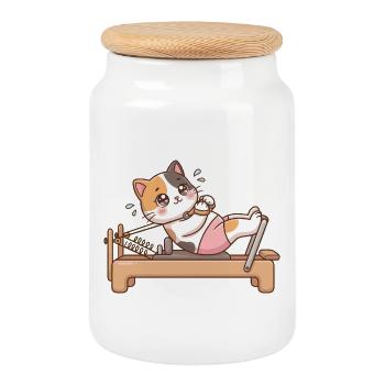 Chat Pilates Réformateur - Boîte à biscuits avec couvercle en bois - blanc - Devant