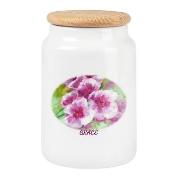Grace - Vibrant Spring Blossom Ellipse - Cookie Jar with Wooden Lid - white - Front