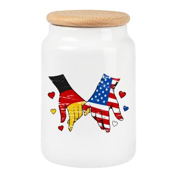 Germany USA Flag Holding Hands Used - Cookie Jar with Wooden Lid - white - Front